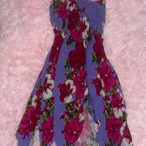 Purple and pink Multi-coloured floral Hawaiian themed dress with front ties